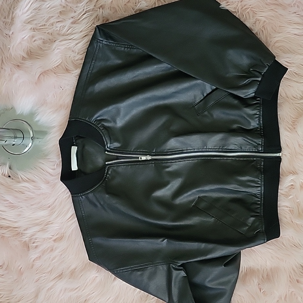 Black Faux Leather Bomber Jacket
